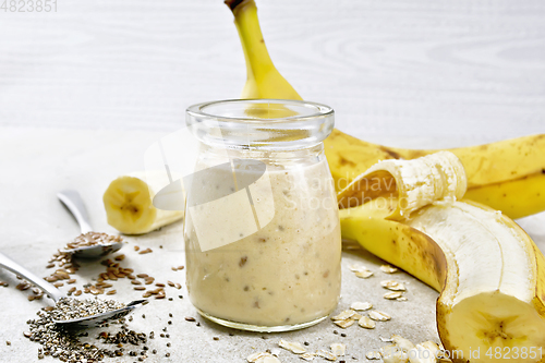 Image of Milkshake with chia and banana in jar on table
