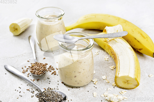 Image of Milkshake with chia and banana in jars on granite table