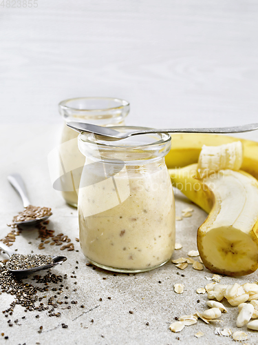 Image of Milkshake with chia and banana in two jars on table