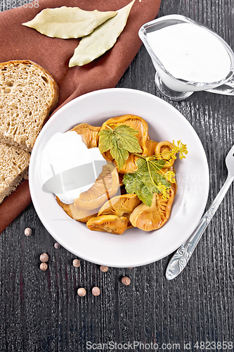 Image of Mushrooms salted with sour cream in plate on dark board top