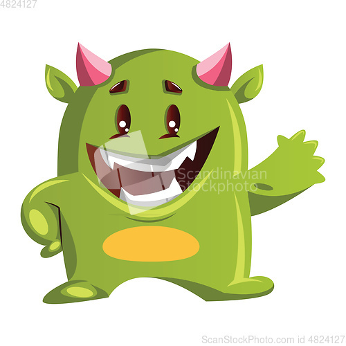 Image of Imaginary green monster with pink horns smiling and waving on wh