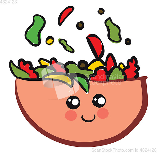 Image of Cute smiling pink salad bowl with colorful salad vector illustra