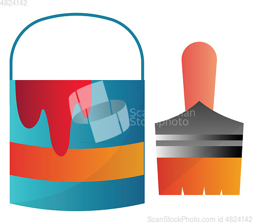 Image of Bucket with red paint and wide brush vector illustration on a wh