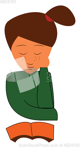 Image of A young girl in her green t-shirt is reading a book vector color