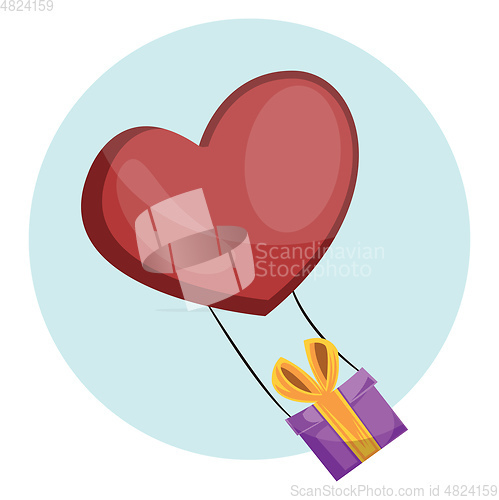 Image of Purple gift box with yellow ribbon tied on a heart shaped red ba