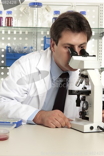 Image of Scientist looking through microscope