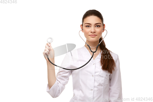 Image of woman doctor with stethoscope isolated on white