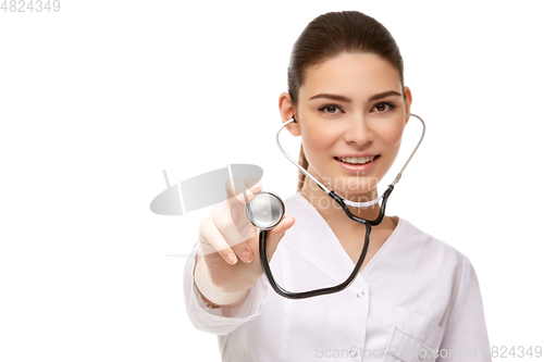 Image of woman doctor with stethoscope isolated on white