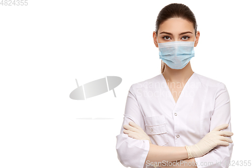 Image of woman doctor in mask isolated on white