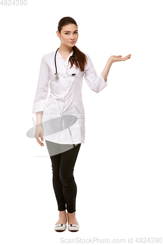 Image of woman doctor with stethoscope isolated on white