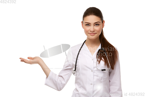 Image of woman doctor with stethoscope isolated on white