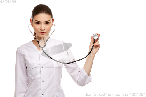 Image of woman doctor with stethoscope isolated on white