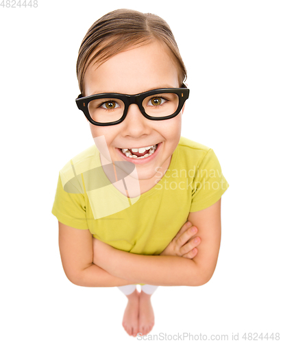 Image of Portrait of a little girl wearing glasses