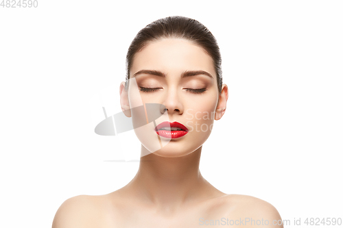 Image of girl with red lipstick isolated on white