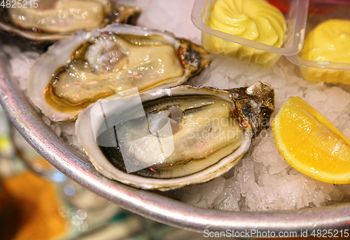 Image of Close-up dish with fresh seafood, oysters with lemon and sauce o