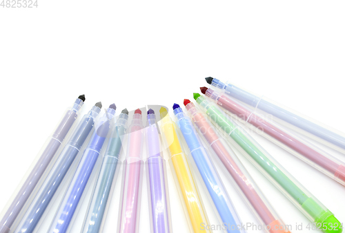 Image of Open multicolored markers on a white background