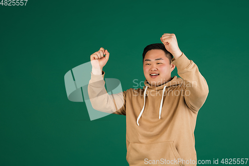 Image of Asian man\'s portrait isolated over green studio background with copyspace