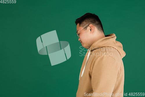 Image of Asian man\'s portrait isolated over green studio background with copyspace