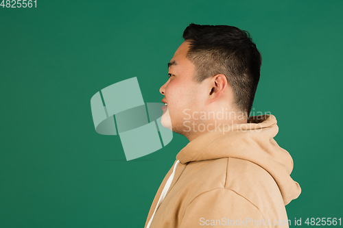 Image of Asian man\'s portrait isolated over green studio background with copyspace