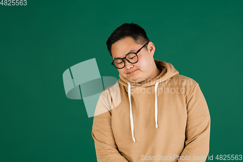 Image of Asian man\'s portrait isolated over green studio background with copyspace