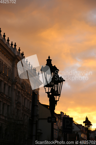 Image of Traditional street lamp and architecture of Prague in the evenin