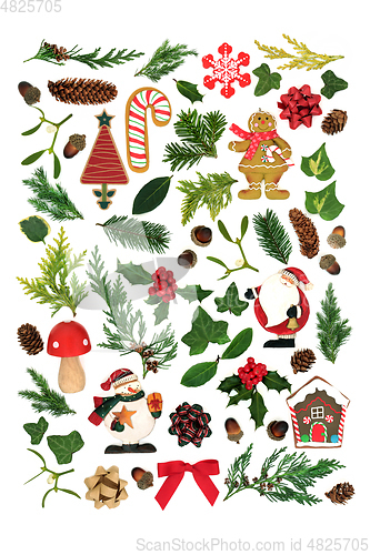 Image of Collection of Christmas Decorations and Winter Greenery