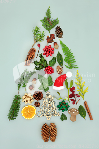 Image of Festive Christmas Tree Concept with Symbols and Winter Greenery