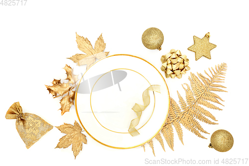 Image of Festive Christmas Gold and White Table Setting 