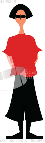 Image of A girl standing in her black pant and stylist red t-shirt costum