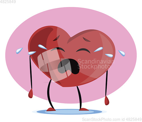 Image of Big red heart crying vector illustration in violet circle on whi