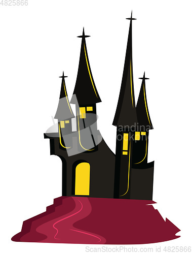 Image of Vector illustration of a  black scary castle on top of a hill  w