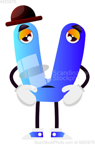 Image of Blue letter V with brown hat vector illustration on white backgr