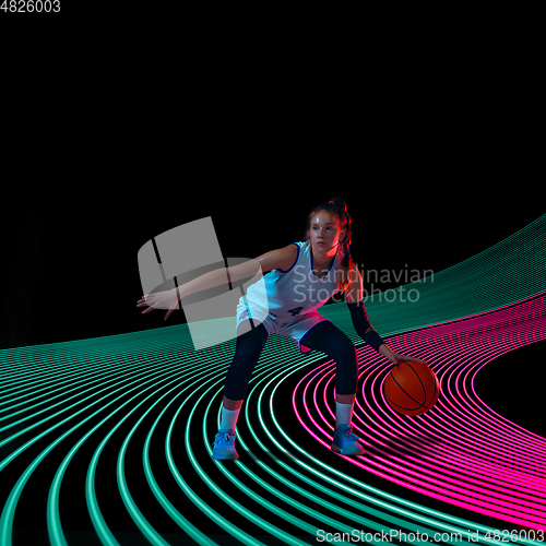 Image of Creative sport and neon waves on dark neon lighted line background