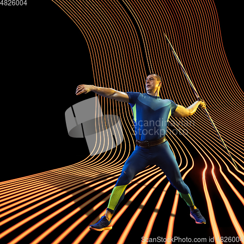 Image of Creative sport and neon waves on dark neon lighted line background