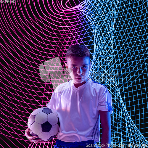 Image of Creative sport and neon waves on dark neon lighted line background