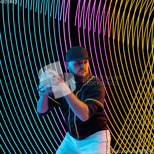 Image of Creative sport and neon waves on dark neon lighted line background