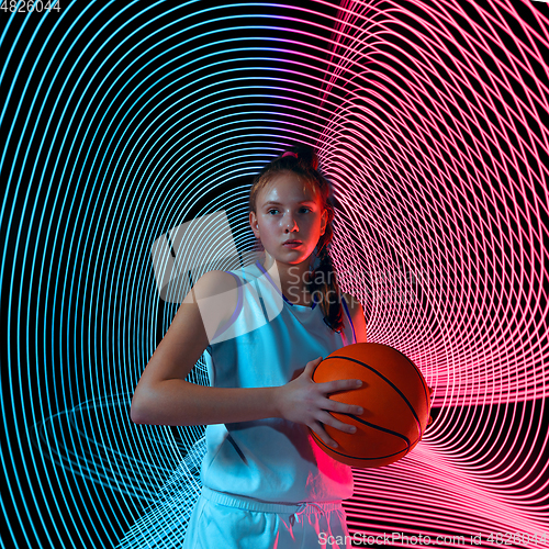 Image of Creative sport and neon waves on dark neon lighted line background