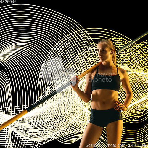 Image of Creative sport and neon waves on dark neon lighted line background