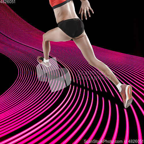 Image of Creative sport and neon waves on dark neon lighted line background