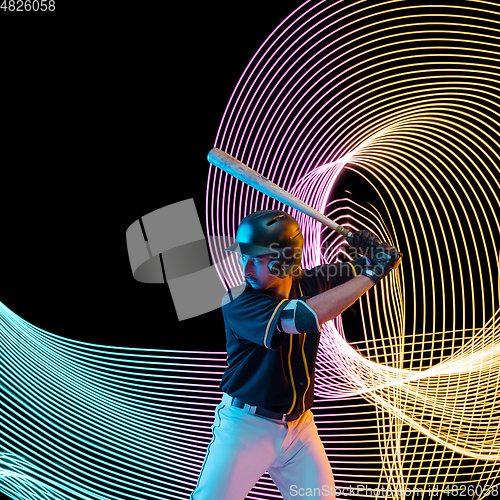 Image of Creative sport and neon waves on dark neon lighted line background