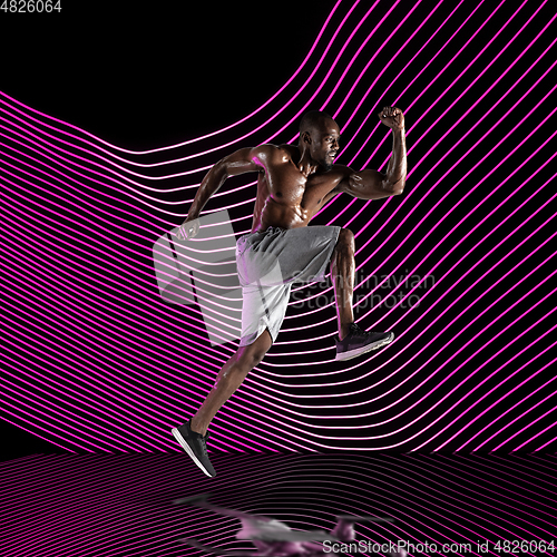 Image of Creative sport and neon waves on dark neon lighted line background