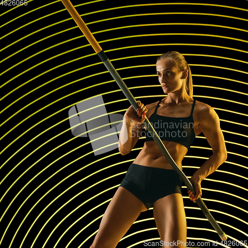 Image of Creative sport and neon waves on dark neon lighted line background