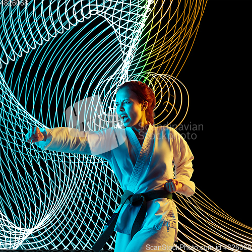 Image of Creative sport and neon waves on dark neon lighted line background