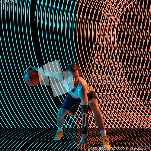 Image of Creative sport and neon waves on dark neon lighted line background