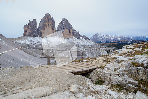 Image of Misurina Lake and View on the majestic Dolomites Alp Mountains 