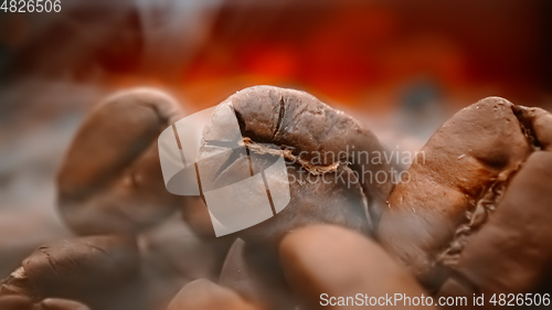 Image of Close up of seeds of coffee. Fragrant coffee beans are roasted s