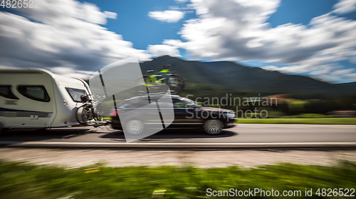 Image of Family vacation travel, holiday trip in motorhome RV, caravan ca