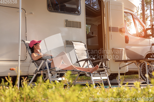 Image of Family vacation travel RV, holiday trip in motorhome