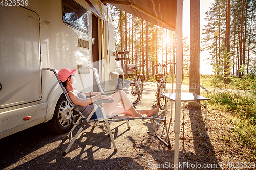 Image of Family vacation travel RV, holiday trip in motorhome