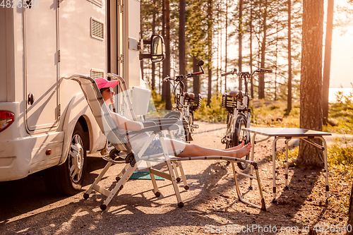 Image of Family vacation travel RV, holiday trip in motorhome